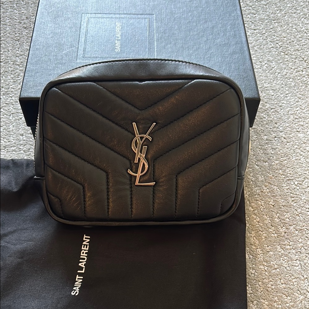 Saint Laurent Black Toiletry Bag with Chevron Quilting